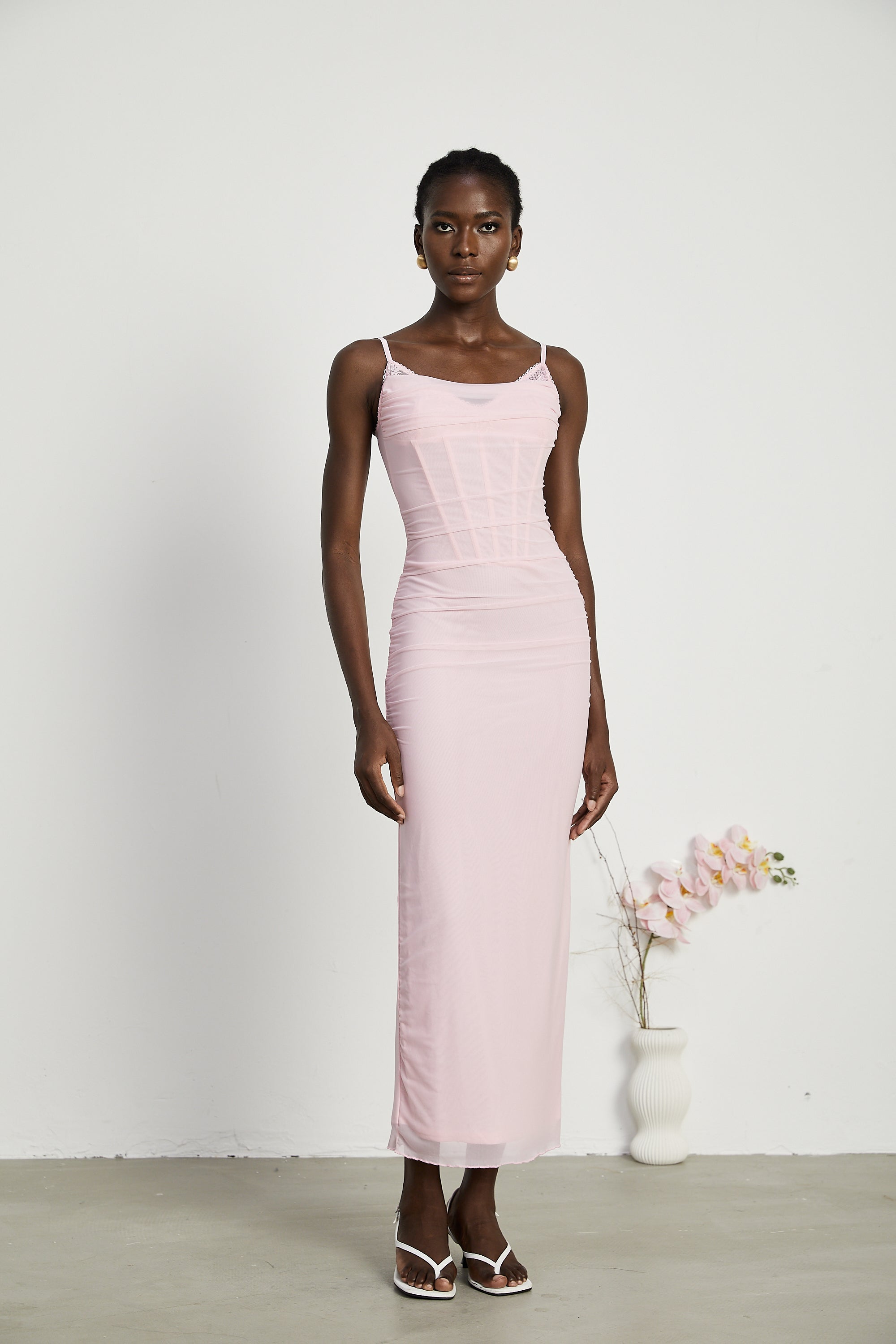 Sylvie pembe tül korse maksi elbise