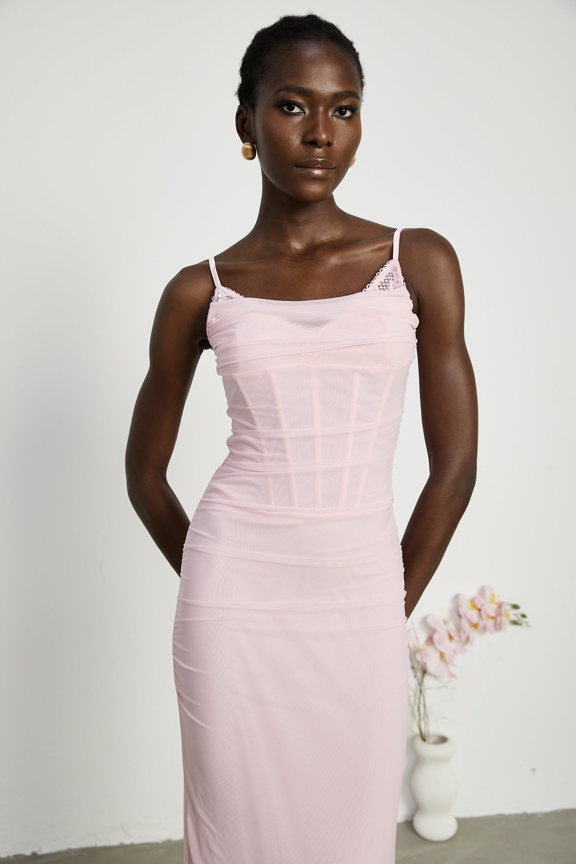 Sylvie pembe tül korse maksi elbise
