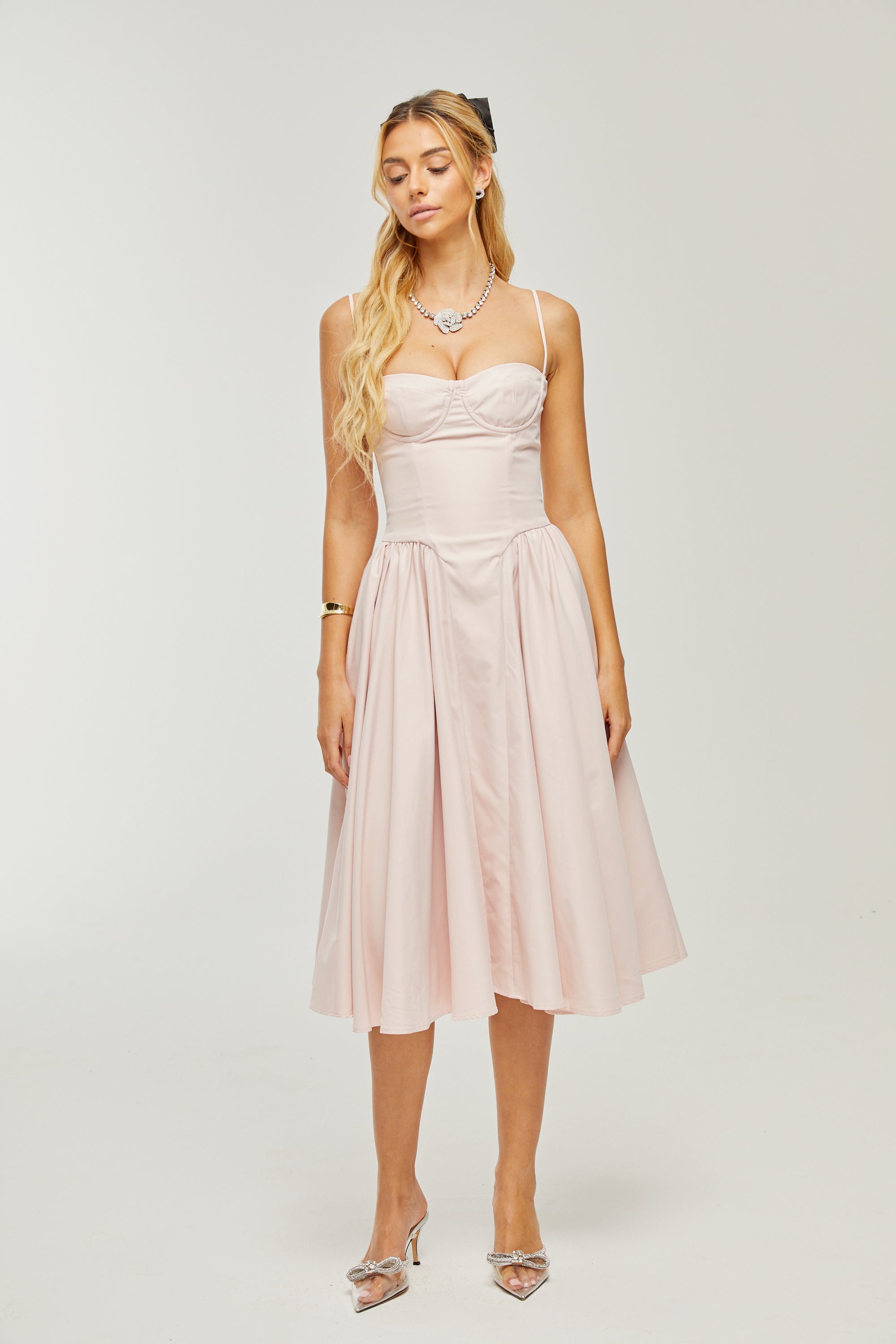 Soleil pembe pileli korse midi elbise
