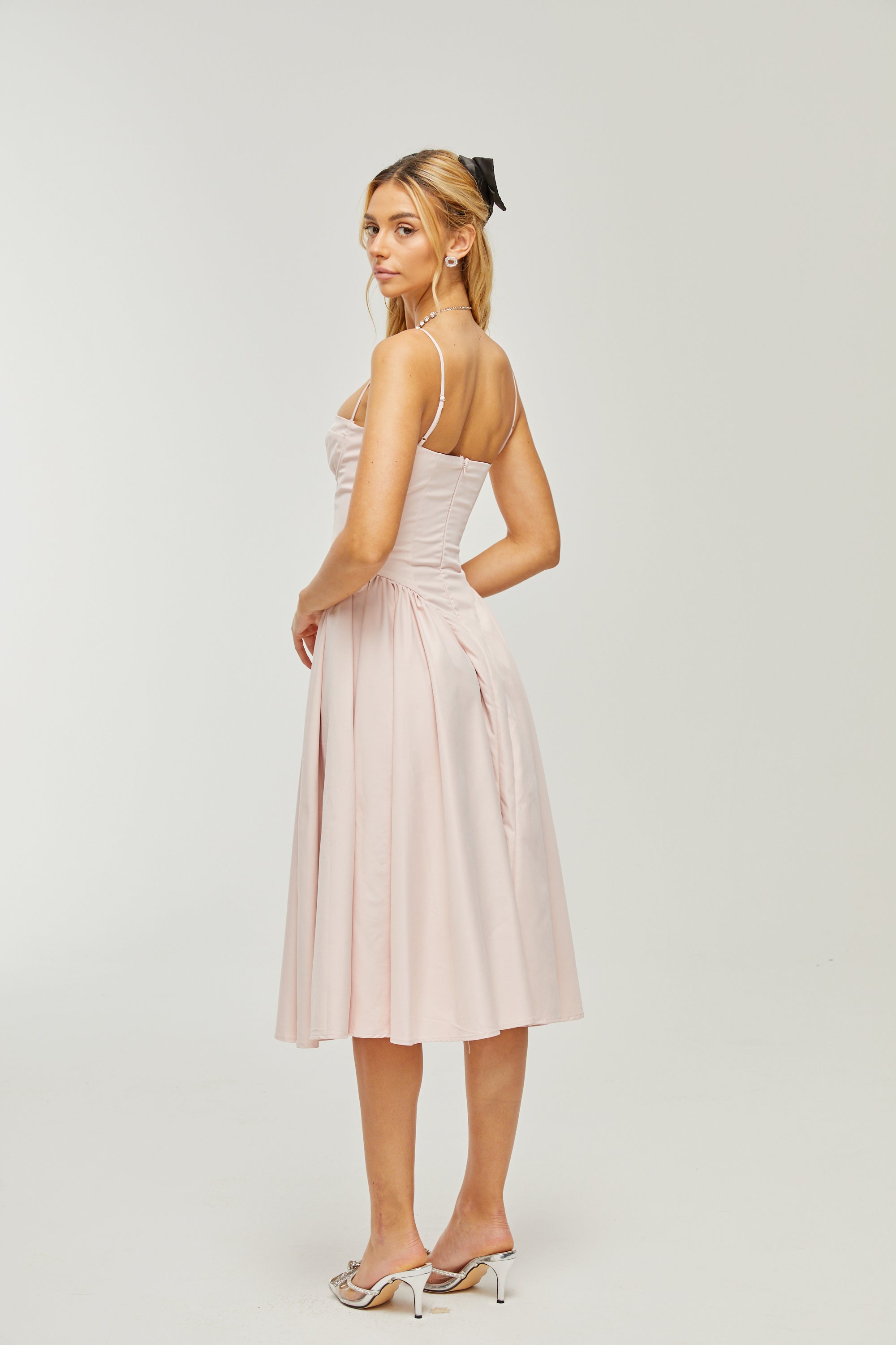Soleil pembe pileli korse midi elbise