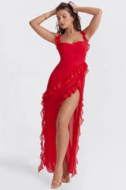 Twisty Twirl Yüksek Yırtmaçlı Fırfırlı Elbise